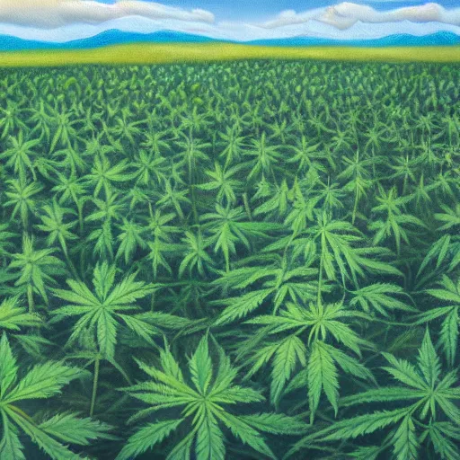 Prompt: a oil painting of a field of marijuana plants