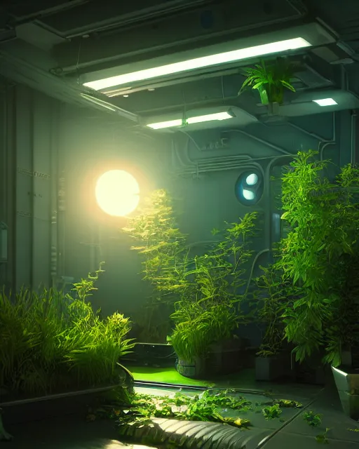 Image similar to Solarpunk gaming PC, futuristic utopia, scifi, green plants, blue light, small room, fine details, atmosphere, glow, extreme realistic, trending on artstation