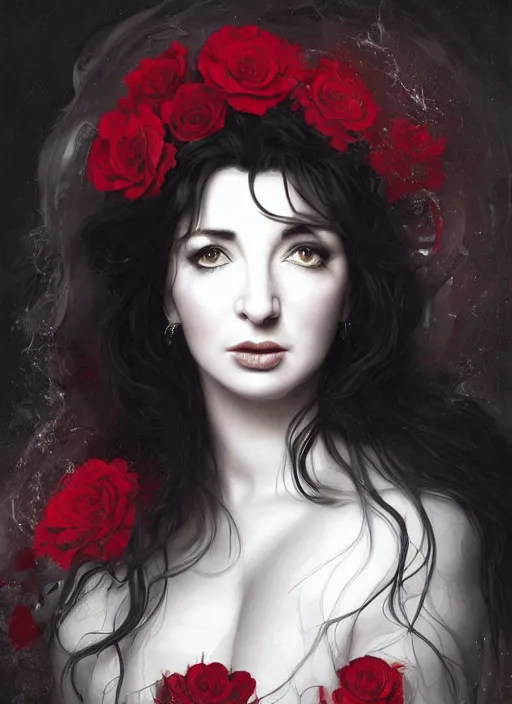Prompt: portrait of kate bush against a red velvet background, lush black hair, pale skin, white roses, flowing material, intricate, beautiful cinematic lighting, stunning painting by artgerm, caravaggio, android jones, wadim kashin