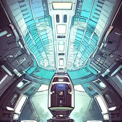 Image similar to one thousand aligned cryogenic pods, spaceship interior, symmetrical, sci-fi, cryogenic pods, many cryogenic pods, interior, 4k, wide shot, matte painting, oil painting, concept art, art station, style of Laurie Greasley and Satoshi Kon