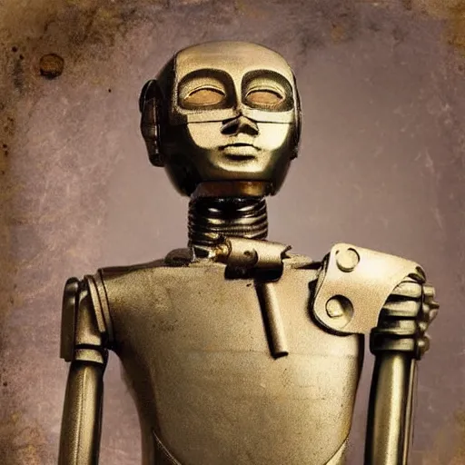 Image similar to humanoid robot, ancient greek humanoid robot, bronze robot, sleek robot, ancient alexandria, heron of alexandria working on robot, tintype photograph