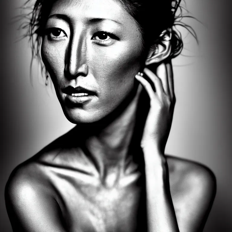 Image similar to photography face portrait on a tropical wallpaper background of a beautiful woman like dichen lachman, black and white photography portrait, skin grain detail, high fashion, studio lighting film noir style photography, by richard avedon, and paolo roversi, nick knight, hellmut newton,