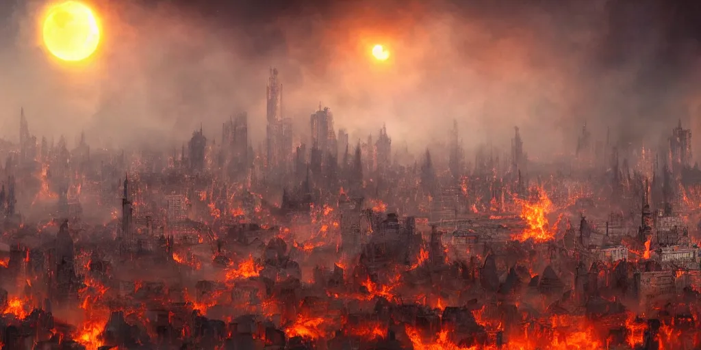 Image similar to A fantasy city completely covered in fire, rising smoke, dark fantasy, nighttime, detailed crimson moon, hyper realistic, trending on artstation