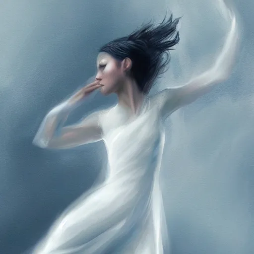 Image similar to woman dancer, lot of white petals in room, ultra ethereal illustration, trending on artstation, concept art, fantasy art, Pareidolia