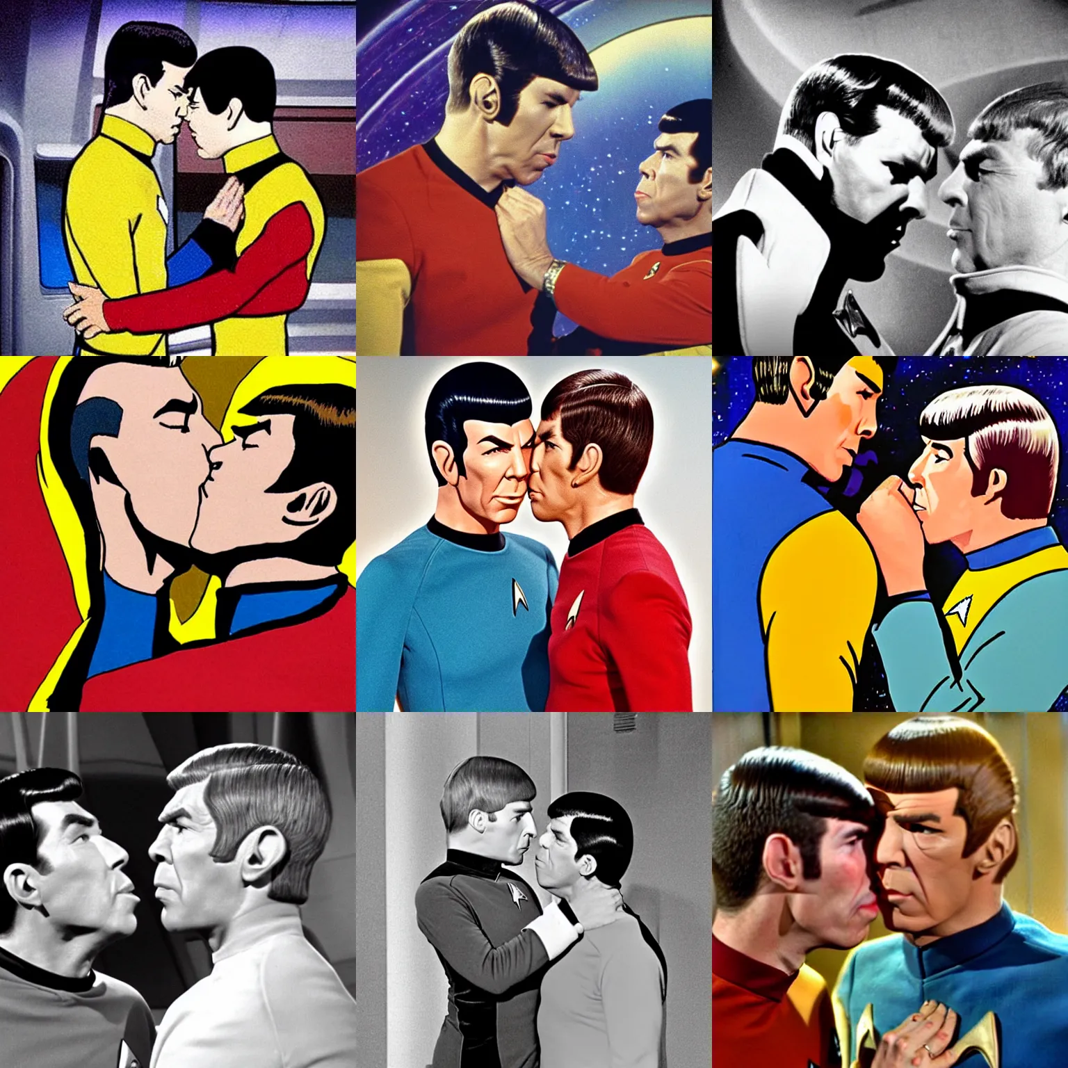 Prompt: Captain Kirk and spock kissing from star trek