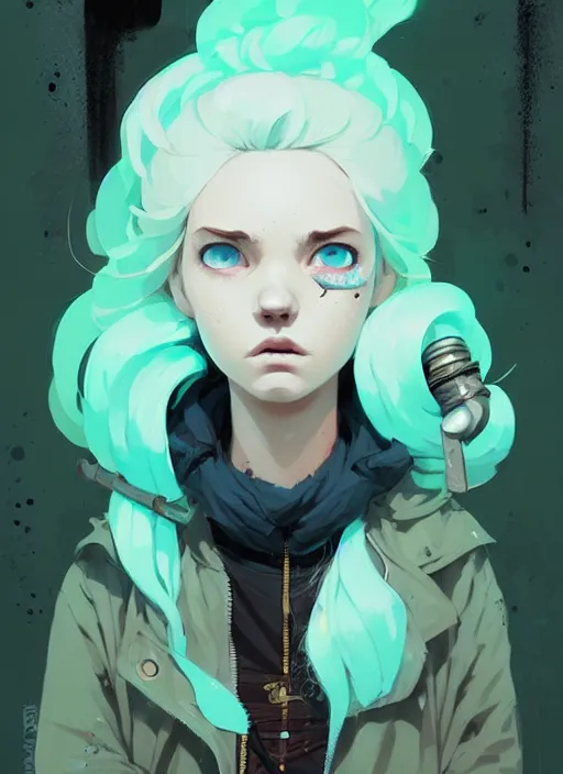 Image similar to highly detailed portrait of a sewer punk lady student, blue eyes, hoodie, cloudy curly white hair by atey ghailan, by greg rutkowski, by greg tocchini, by james gilleard, by joe fenton, by kaethe butcher, gradient green, black, brown and cyan color scheme, grunge aesthetic!!! ( ( graffiti tag wall background ) )