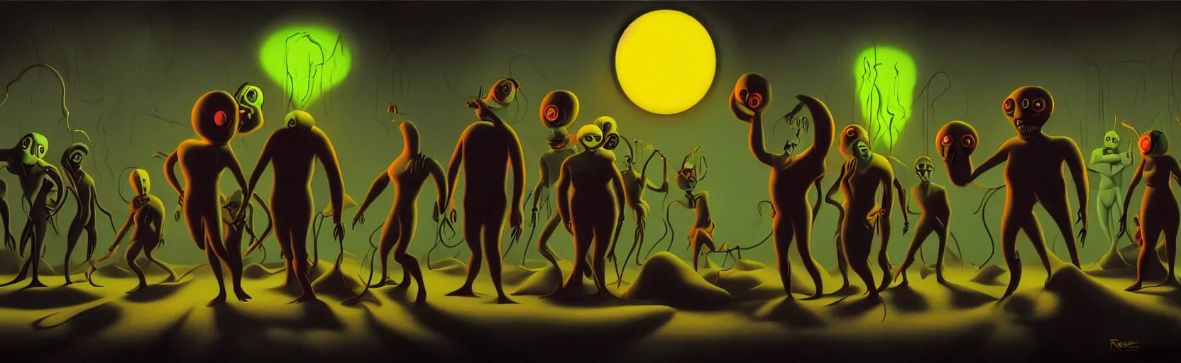 Image similar to uncanny repressed mutants from the depths of a vast wasteland in the collective unconscious, dramatic lighting, surreal dark 1 9 3 0 s fleischer cartoon characters, surreal painting by ronny khalil