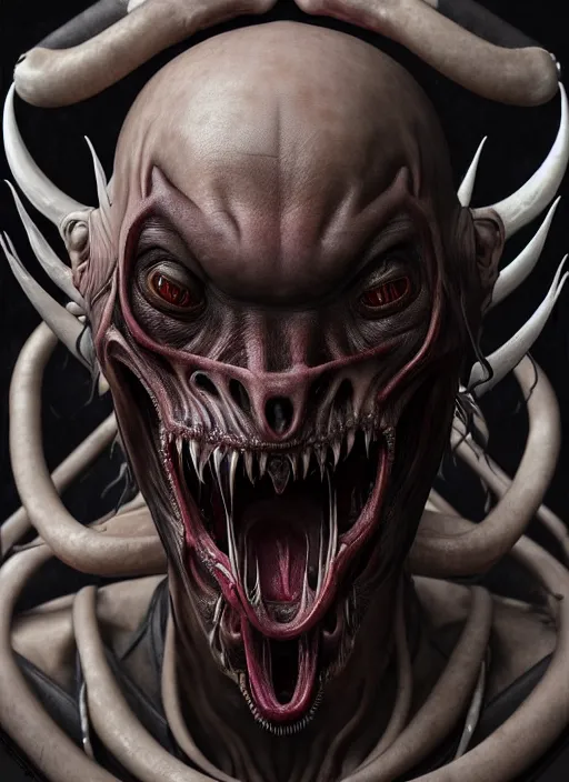 Image similar to ultra realistic, male human predator alien hybrid, fangs, goth, tattoos, leather, fantasy, flesh, bone, body horror, intricate details, eerie, highly detailed, octane render, 8 k, art by artgerm and alphonse mucha and greg rutkowski