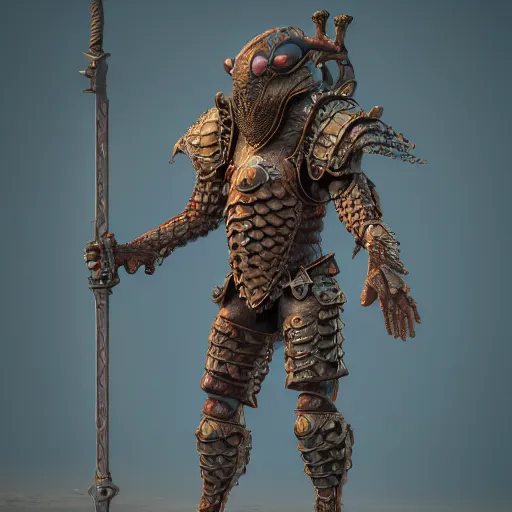 Image similar to full body portrait of single warrior in octopus inspired armour, character design, designed in blender, 4 k hd, octane render, coloured, intricate, detailed
