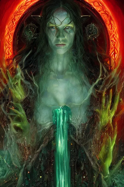 Prompt: the ice fire witch queen of the fluid, painted by howard david johnson and james gurney, trending on artstation, symmetrical face, beautiful eyes, dramatic green and red lighting macro view mirrored, magic realism, lord of the rings, classicism