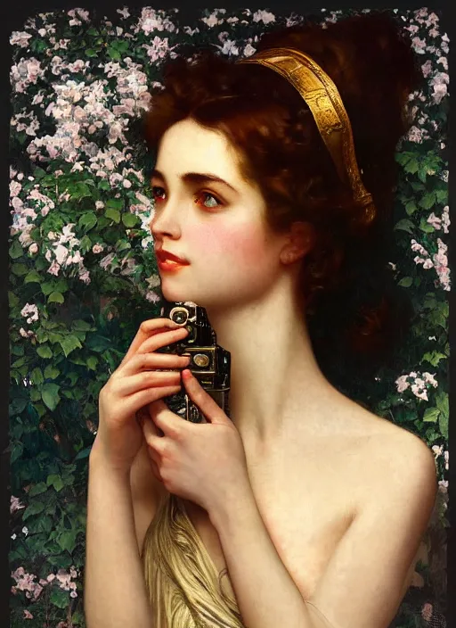 Image similar to hyper realistic photographer looking through a vintage camera, design on white background, beautiful details, lush foliage, gold, drawn by john singer sargent, tom bagshaw, norman rockwell, alphonso mucha, lolish, trending on artstation