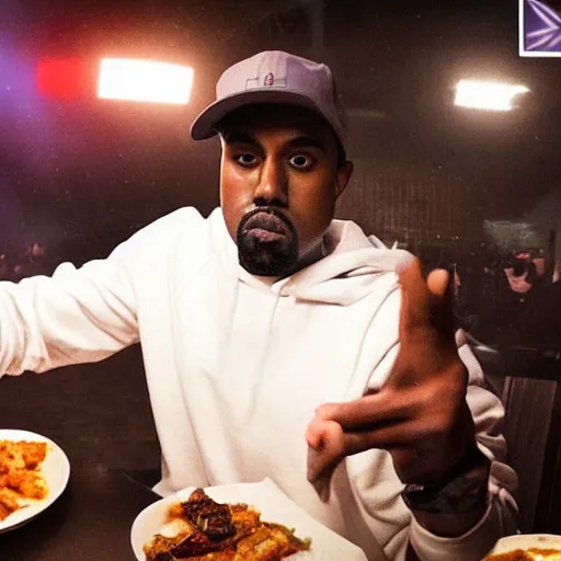 Image similar to blurry, gopro footage of kanye west eating at taco bell, cinematic, volumetric lighting, night, rain