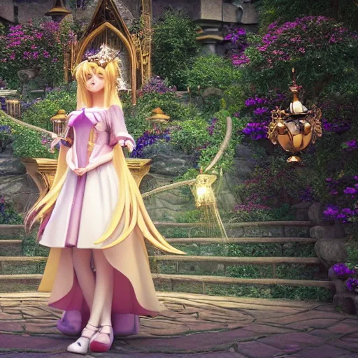 Prompt: a very detailed, ultra-realistic, pleasant, beautiful, funny, smooth 3D CG render, semirealistic anime style, close-up of a gorgeous, cute, gentle, noble priestess magician princess girl wearing dress and jewelry, in a glorious magic kingdom with castle and walls, relaxing calm vibes, fairytale, octane render