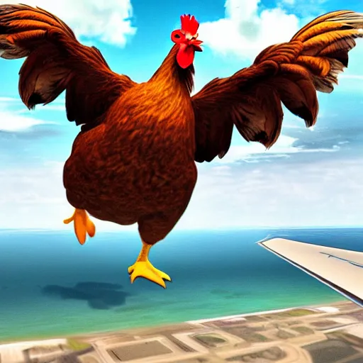 Prompt: chicken looking human on an airplane flight over the sea, realistic scene, very detailed