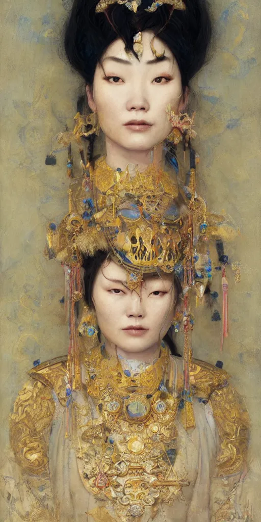 Prompt: mongolian queen, masterpiece by Edgar Maxence and Ross Tran and Michael Whelan, 8k, octane render