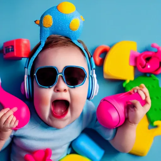 Prompt: a cute light blue baby chick, made out of colorful plastic toy parts, in fancy stylish clothes, big fashion sunglasses, a baseball cap and big headphones, doing a kick in the air