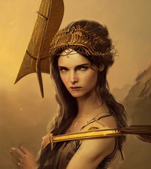 Image similar to aphrodite goddess wearing an arrow on her head, beautiful face, digital illustration, in the style of greg rutkowski, fantasy, amazing detail, epic, intricate, elegant, smooth, sharp focus