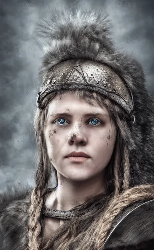 Image similar to photorealistic 3/4 portrait of beautiful female viking warrior with large sad gray eyes, dirty skin