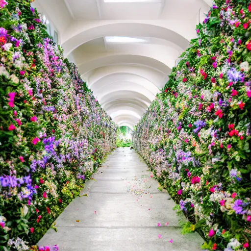 Prompt: photo of an endless heavenly corridor filled with flowers