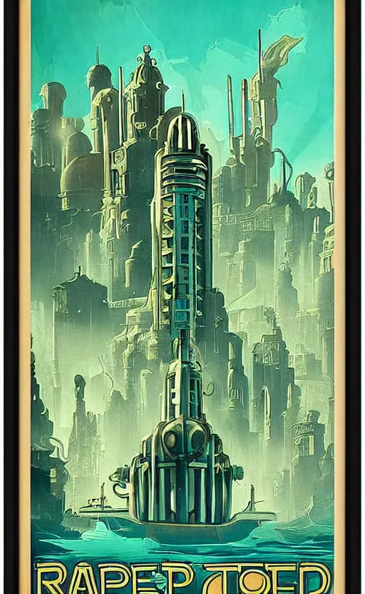 Image similar to art deco travel poster of the underwater city of rapture from bioshock, framed poster