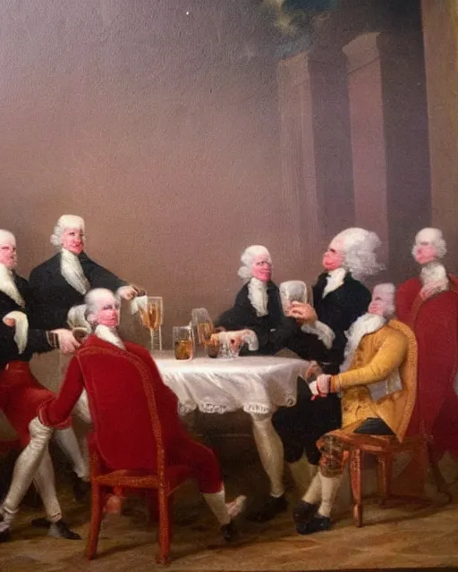 Image similar to eighteenth century oil painting of george washington getting absolutely wasted at a bachelor party