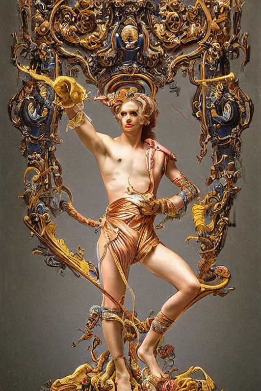 Image similar to full-body bladerunner neon rococo style sculpture of a young handsome Spanish prince as a half cibernetic android with a chest opening exposing circuitry and electric sparks, glowing laser beam eyes, crown of giant diamonds, flowing neon-colored silk, fabric, raptors. baroque elements. full-length view. baroque element. intricate artwork by caravaggio. many many birds birds on background. Trending on artstation, octane render, cinematic lighting from the right, hyper realism, octane render, 8k, depth of field, 3D