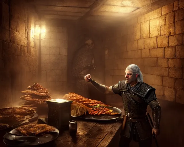 Prompt: 5 5 mm portrait photo of geralt of rivia serving doner kebab, in kaer morhen. dark atmosphere. art by greg rutkowski. highly detailed 8 k. intricate. lifelike. soft light. nikon d 8 5 0.