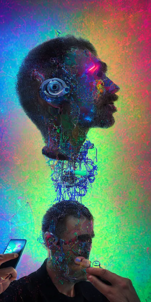 Image similar to man becomes controlled by a smartphone he gazes at while he played like a marionette, puppet, intricate complexity, horror, psychedelic glitch art, rainbow drip paint, trending on art station, photoreal, 8k, octane render