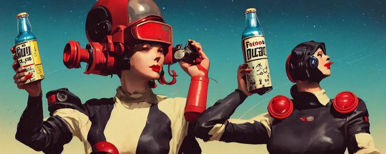 Image similar to duotone noir retrofutiristic concept illustration 3 / 4 portrait of vintage female fallout 4 model in retro space suit advertising bottles nuka cola. accidental renaissance. by sachin teng and sergey kolesov and ruan jia and heng z. graffiti art, scifi, fantasy, hyper detailed. octane render. concept art. trending on artstation