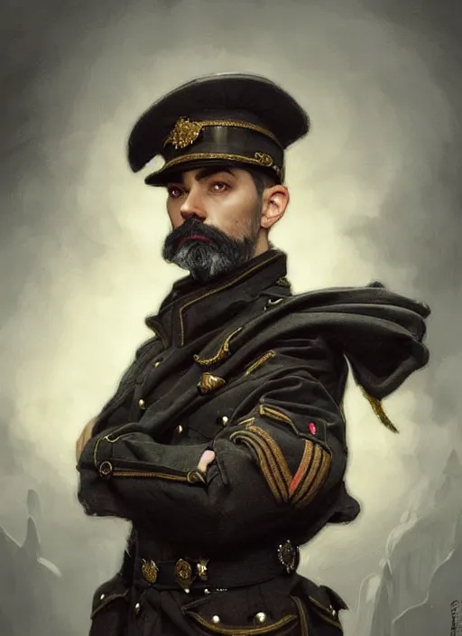 Image similar to portrait of stoic looking miniature schnauzer, military uniform, black fir, white eyebrows, fantasy, intricate, elegant, highly detailed, centered, dark, smokey, digital painting, artstation, concept art, smooth, sharp focus, illustration, art by artgerm and greg rutkowski and alphonse mucha