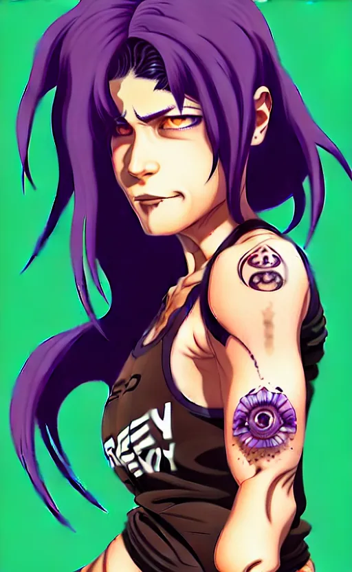 Image similar to a portrait of revy from black lagoon, dilraba dilmurarevy, smirk, black tank top, jean shorts, brown eyes, purple hair, tribal tattoos right arm sleeve, symmetrical eyes, symmetrical face, art by lois van baarle and loish and ross tran and rossdraws and sam yang and artgerm