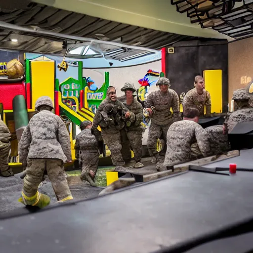 Prompt: fire team of marines raiding a mcdonald's playplace