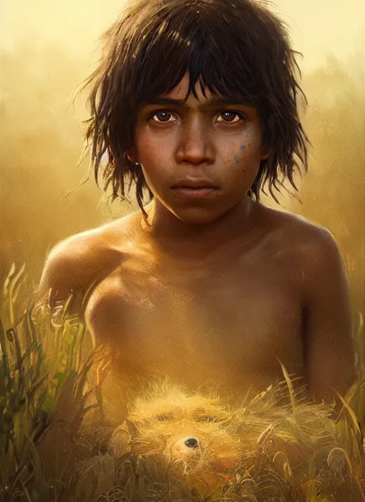 Image similar to highly detailed portrait of mowgli, unreal engine, cinematic light, warm, fantasy art by greg rutkowski