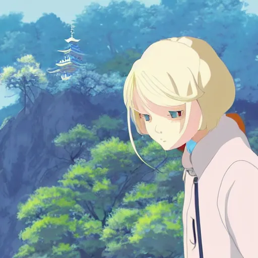 Prompt: a beautiful blond silver hair young woman walking around in Japan in the style of Studio Ghibli and Makoto Shinkai