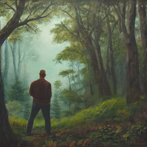 Image similar to a man looking in the forest to see an oversized terrifying monster, dramatic oil painting