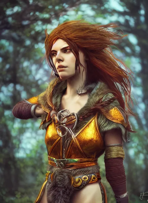 Image similar to A fantasy comic book style portrait painting of a stunning female Druid, unreal 5, DAZ, hyperrealistic, octane render, cosplay, RPG portrait, dynamic lighting