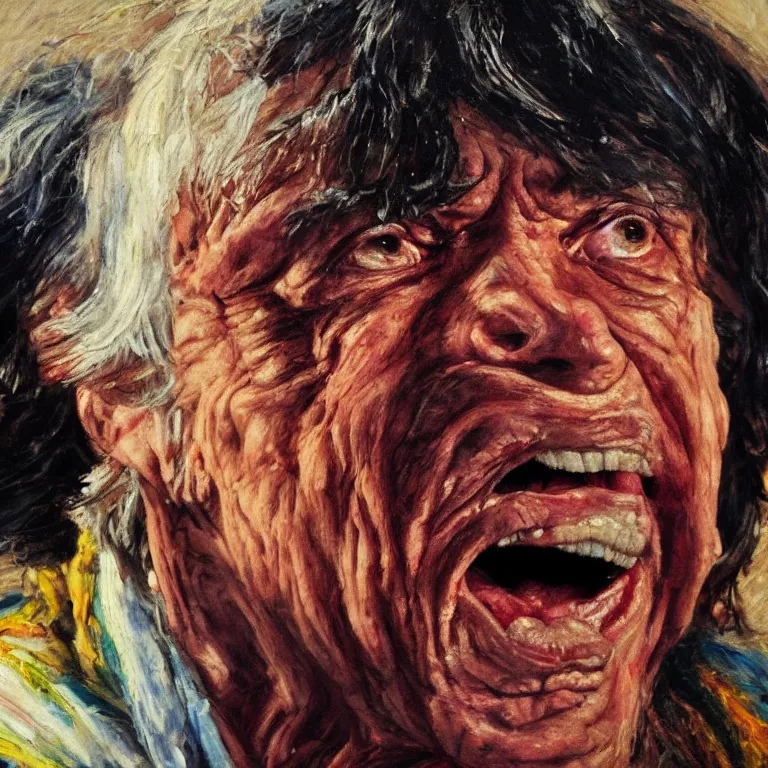 Image similar to warmly lit close up studio portrait of very old furiously angry!! Mick Jagger age 115 angrily singing, impasto oil painting thick brushstrokes by Cy Twombly and Elaine De Kooning , trending on artstation dramatic lighting Expressionism