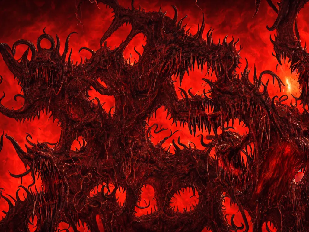 Image similar to twisted demonic creatures screaming, sun dripping liquid blood in the background, eldritch horror, hellish, grotesque, visceral, monstrosity, accursed, insanity, nightmare, High Definition detail, 8K