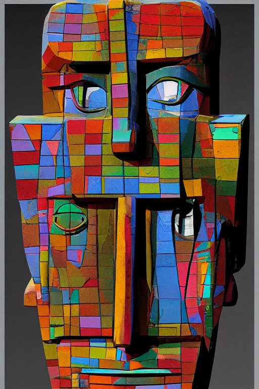 Image similar to cubist moai statue cutout digital illustration cartoon colorful beeple