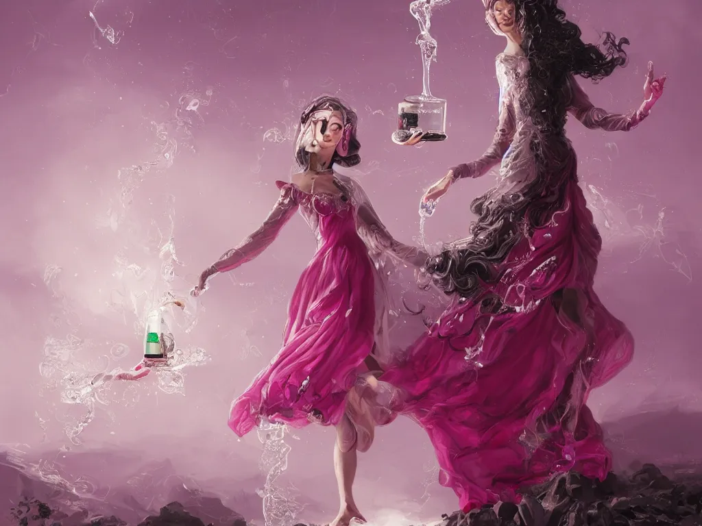 Prompt: a beautiful years old chatain hair woman in a magenta long dress with silver rings and pink nails levitating a bottle'the main ingredient company'filled with ivory white liquid and a black sticker. fantasy, intricate, elegant, highly detailed, digital painting, artstation, concept art, matte, illustration, artger, greg rutkowski, epic fantasy