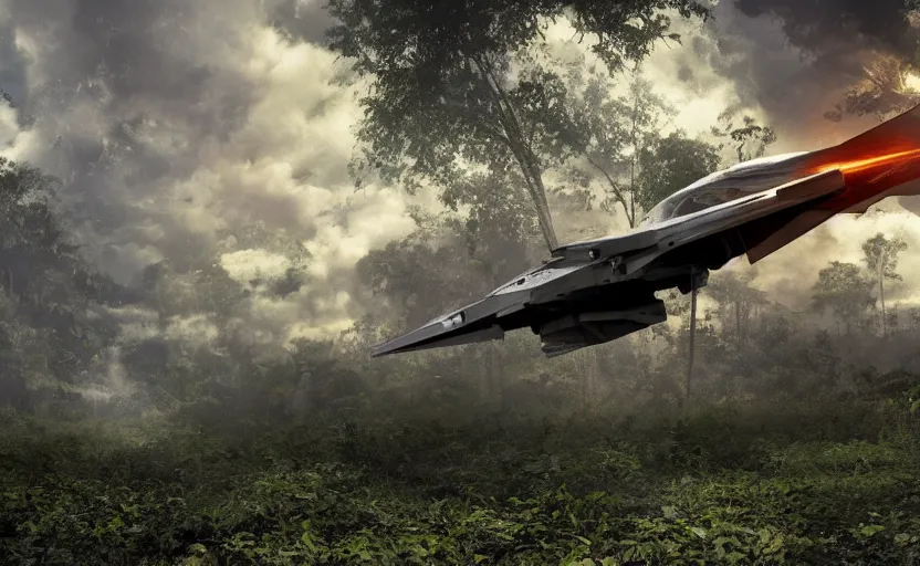 Image similar to photo of sci - fi fighter landing on jungle complex, ultra detailed, movie frame, cinematical composition, 4 k, breaking bad