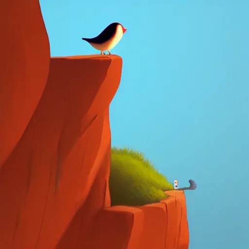 Image similar to goro fujita ilustration a cute little bird on the edge of a cliff overlooking the ocean, painting by goro fujita, sharp focus, highly detailed, artstation