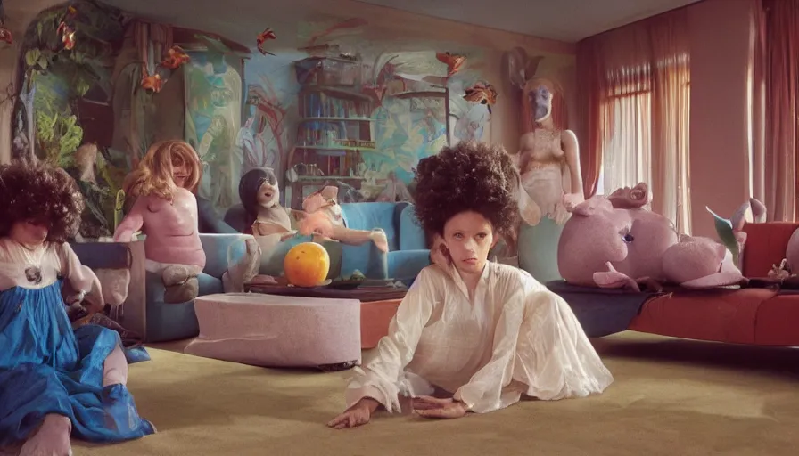 Image similar to movie still by alejandro jodorowsky of a beautiful day in a family living room in suburban usa, visible magic energy, dream creature costumes, floating large fruit, exotic aquarium, digital parade float, cinestill 8 0 0 t eastmancolor technicolor, high quality, very detailed, heavy grain, fine facial features, 8 k, octane render