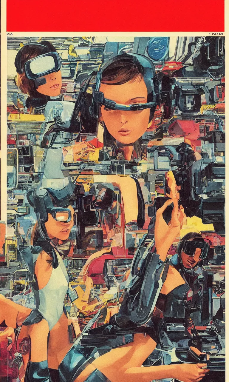 Image similar to 1979 OMNI Magazine Cover depicting a portrait of a Beautiful woman wearing AR goggles in a grocery store. Cyberpunk Akira style by Vincent Di Fate