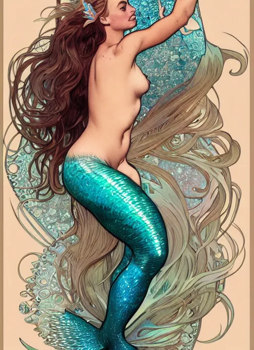 Prompt: Margot Robbie as mermaid swimming underwater, full body shot, cute, fantasy, intricate, elegant, highly detailed, digital painting, 4k, HDR, concept art, smooth, sharp focus, illustration, art by alphonse mucha, artgerm, H R Giger