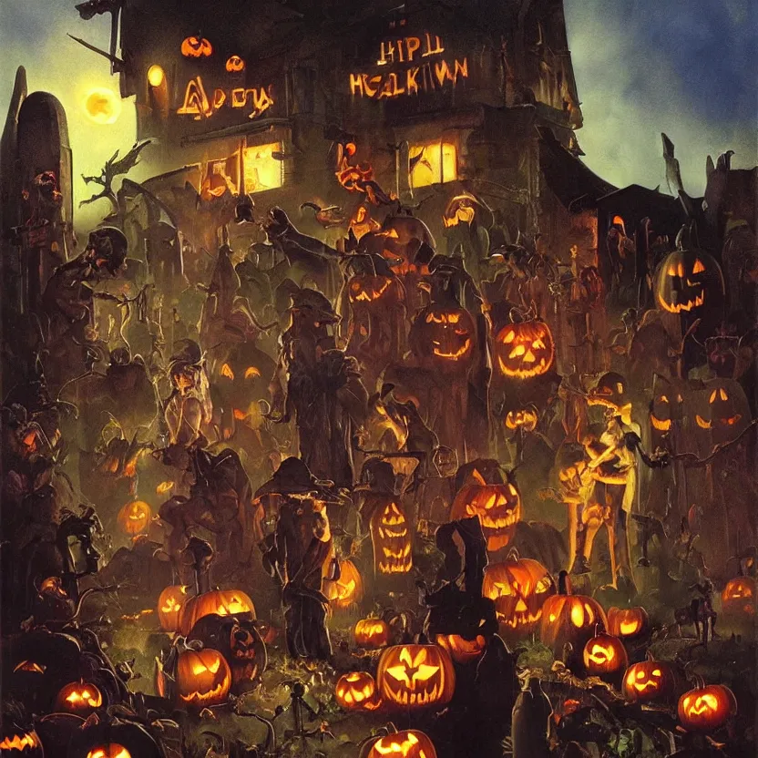 Image similar to halloween scene in a suburban neighborhood, surrounded by ancient monoliths with glowing runes. highly detailed science fiction painting by norman rockwell, frank frazetta, and syd mead. rich colors, high contrast, gloomy atmosphere, dark background. trending on artstation
