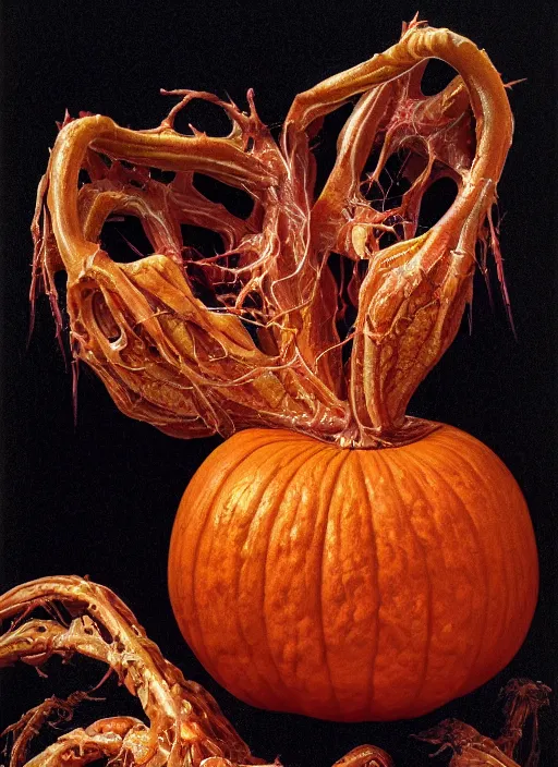 Prompt: portrait of a pumpkin with translucent skin, visible muscles and veins and arteries and bones and spines and nerves, beautiful detailed intricate insanely detailed octane render, 8 k artistic photography, photorealistic, chiaroscuro, by david cronenberg, raphael, caravaggio