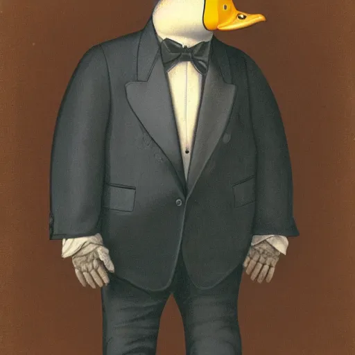 Image similar to a high detail photo of an antropomorphic duck wearing a suit, subject= duck, subject detail: wearing a suit, photorealism