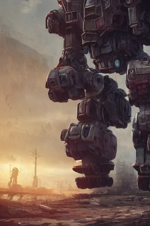 Image similar to ultra realist and ultra intricate detailed soft painting of a large mech in the style of battletech, standing in a post-apocalyptic street, sensual gloomy style, volumetric clouds, artstation, unreal render, depth of field