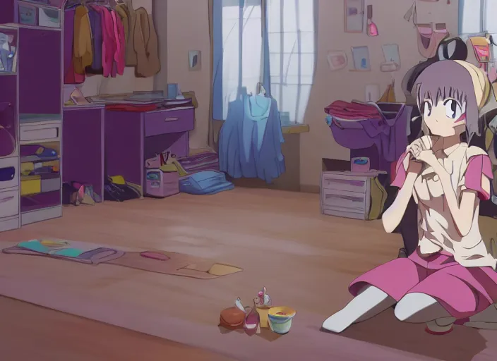 Image similar to anime screenshot pattern, an untidy room with laundry on the floor. original cute girl doing cute things / iyashike / slice life gainax 4 k ultrahd award winning